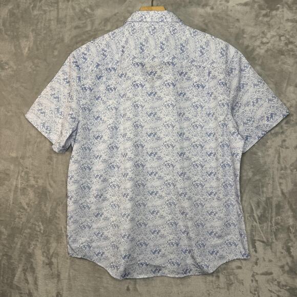 Henri James Shirt Mens XL Short White Blue Abstract Print Hyper Stretch Casual - Picture 2 of 11